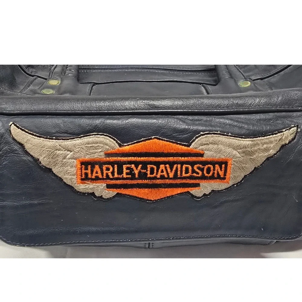 Harley Davidson Navy Blue Leather Duffle Bag Embroidered WingLogo Travel Luggage